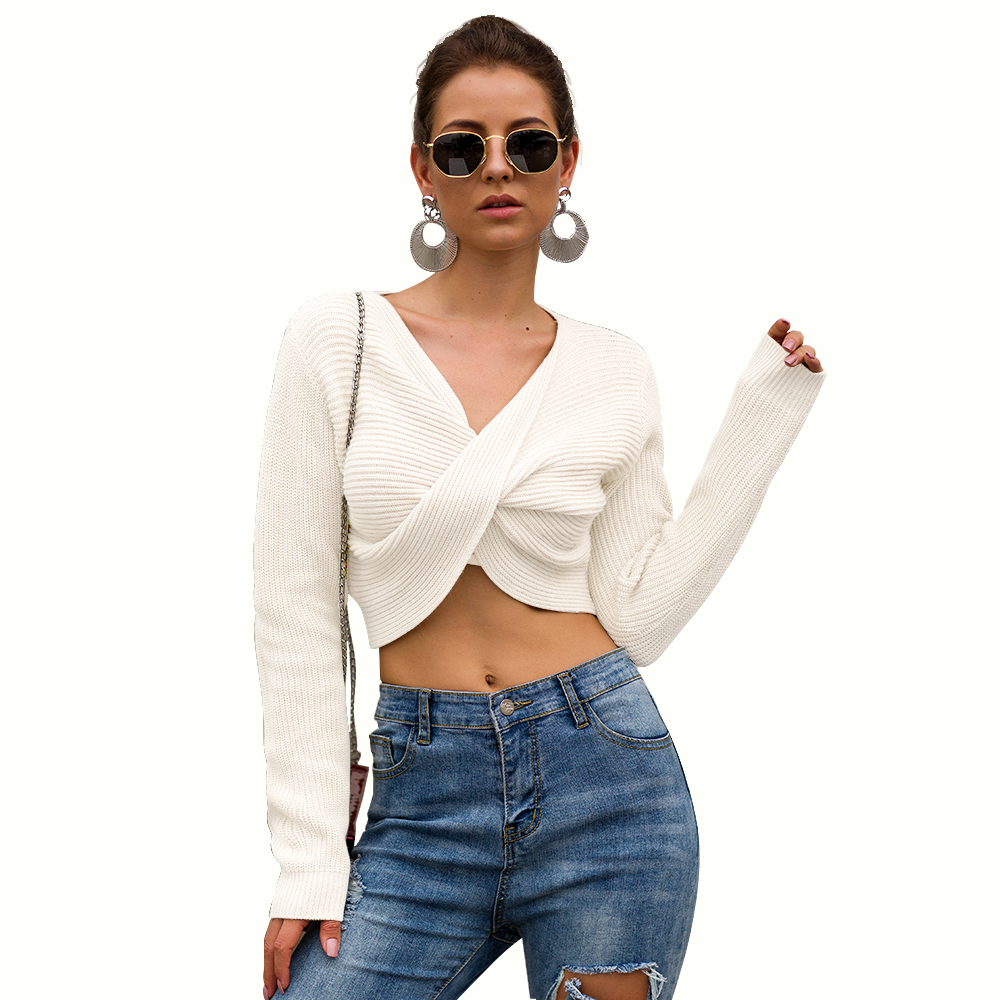 SZ60242-2 White Twisted V Neck Long Sleeve Sexy Cropped Sweater Top
